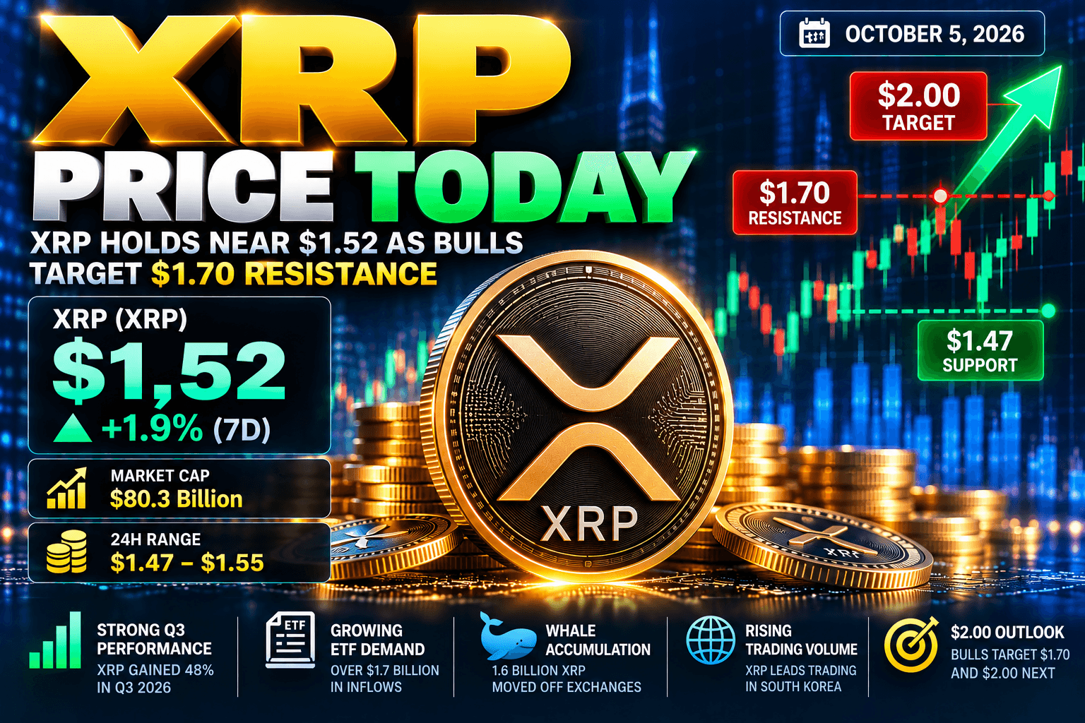 XRP Price Today: XRP Holds Near $1.52 as Bulls Target $1.70 Resistance